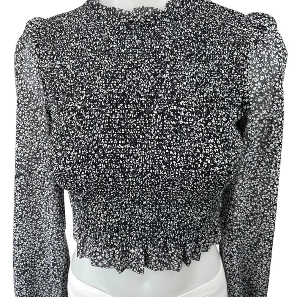 Aritzia Wilfred Tempest Black Floral Smocked Puff Sleeve Crop Top Blouse Sz 2XS